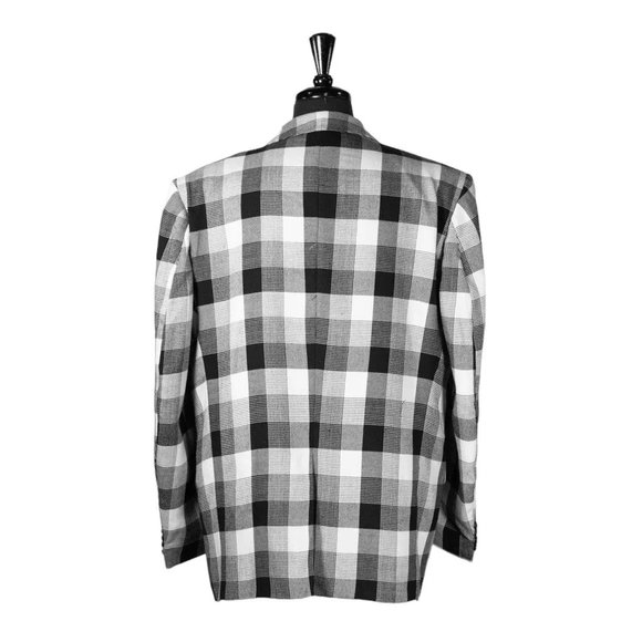 Mens Blazer Black White Plaid Wool Velvet Tuxedo Suit Jacket Sport Coat 46R - Picture 2 of 7